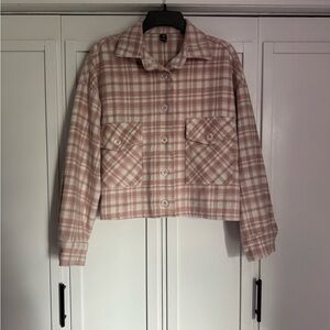 Cropped Pink Plaid Utility Jacket with Front Flap Pockets